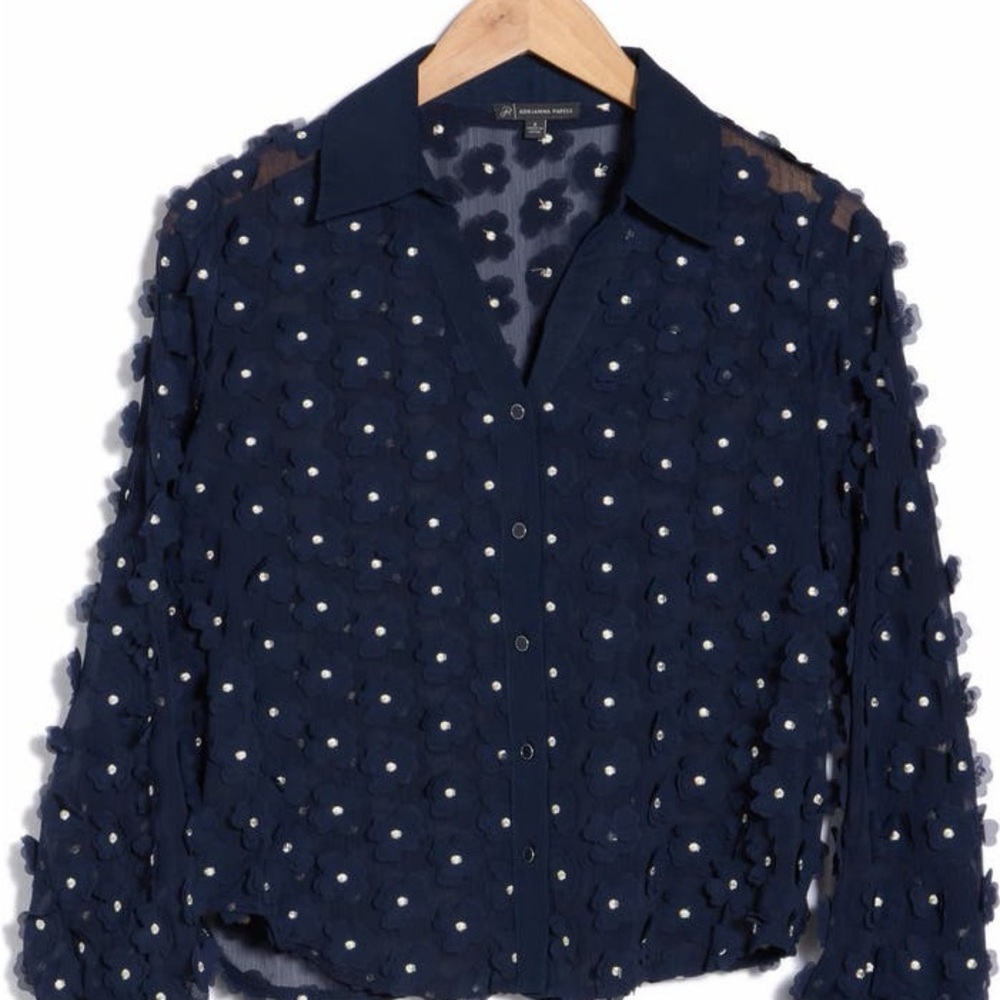 Adrianna Papell Navy Floral Button-Up Blouse